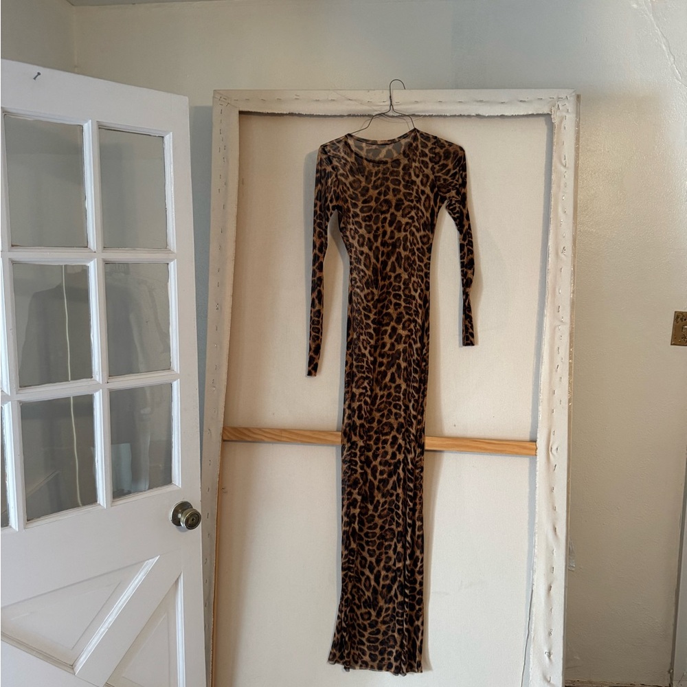 Long Sleeve Leopard Print Maxi Dress - Brown